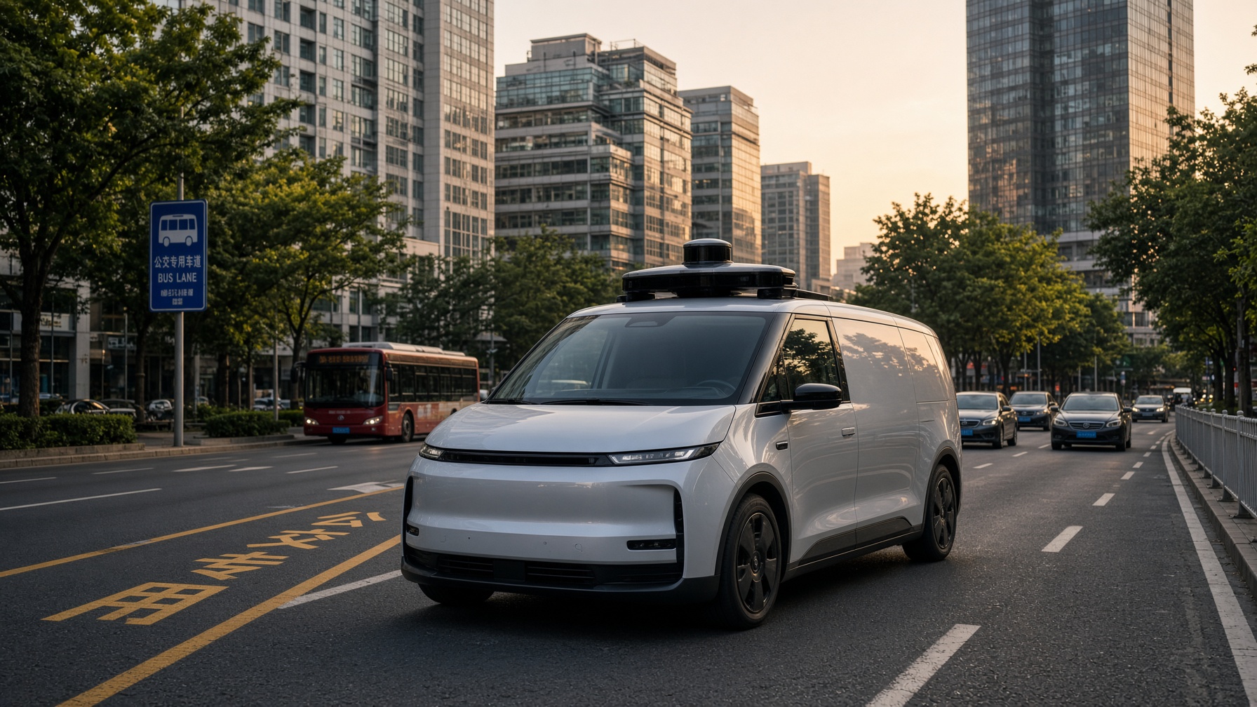 A purpose-built silver-white robotaxi with a roof lidar bar on a Chinese city avenue.