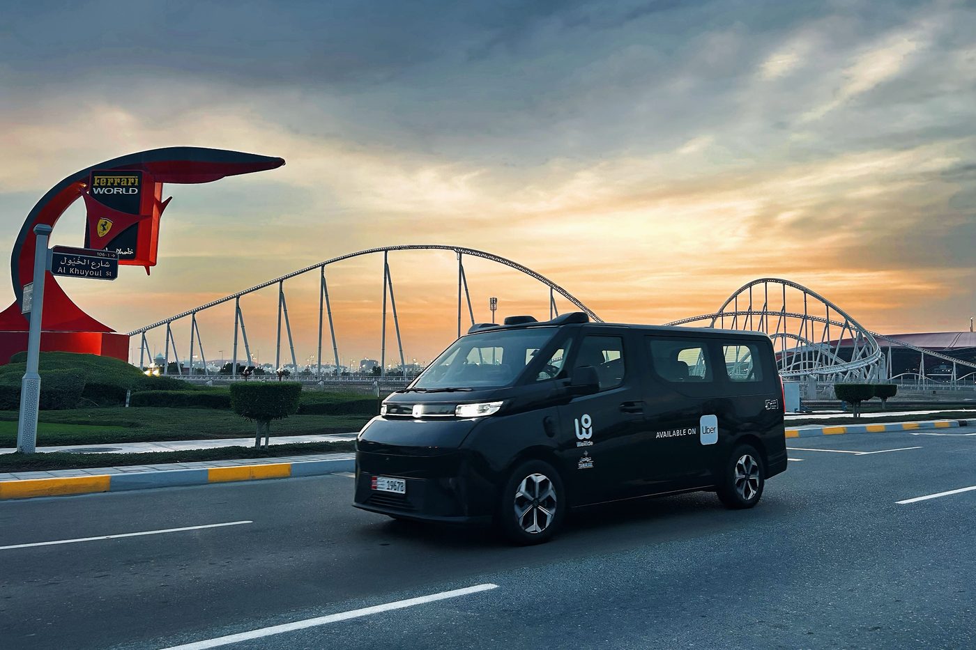 A WeRide robotaxi offered on Uber near Ferrari World on Yas Island, Abu Dhabi.