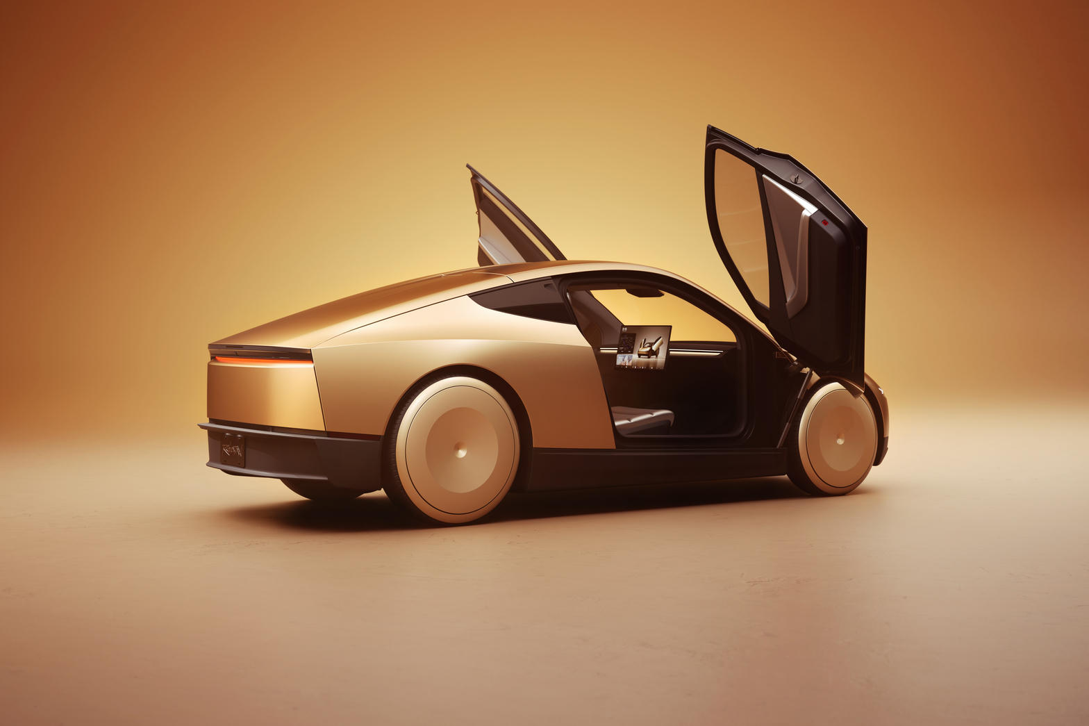 A gold Tesla Cybercab with gull-wing doors open, showing the two-seat cabin and no steering wheel.