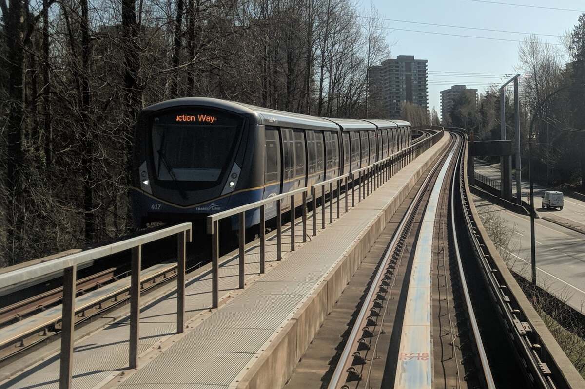 A TransLink SkyTrain on an elevated guideway.