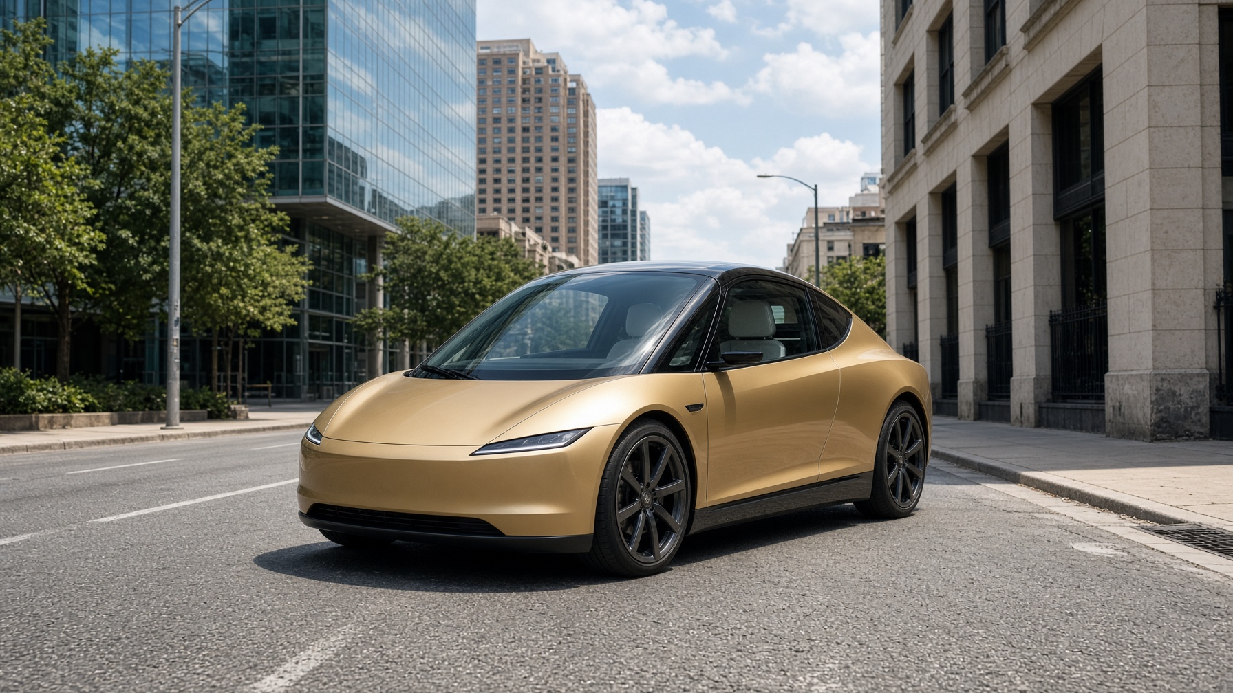 A gold two-seat Tesla Cybercab robotaxi on a downtown Austin street, with no driver visible.