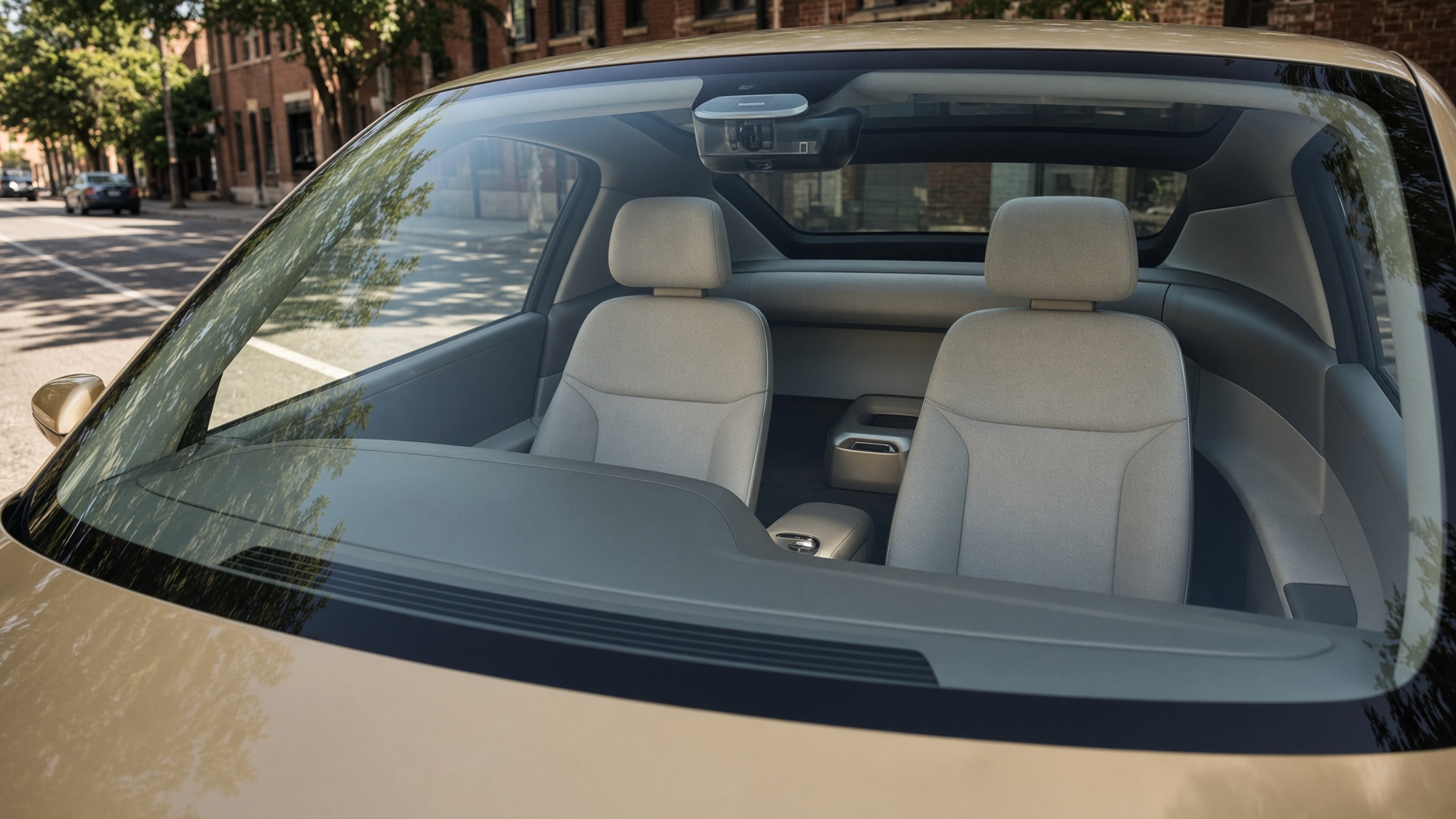 Empty cockpit of a gold Tesla Cybercab, showing no steering wheel.