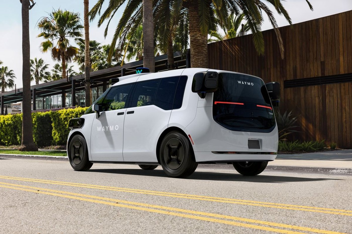 A white Waymo robotaxi on a palm-lined street.