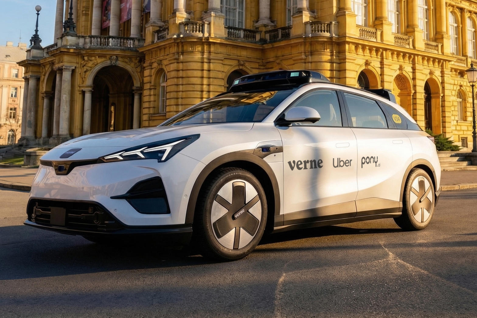Verne robotaxi with Pony.ai and Uber branding on a Zagreb street