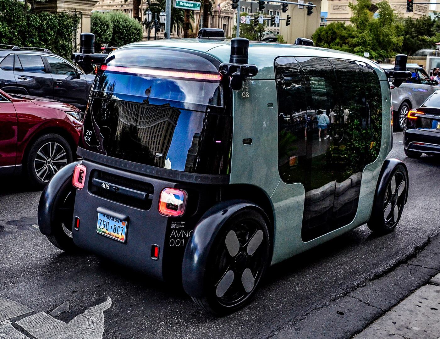 A Zoox robotaxi on the Las Vegas Strip near Bellagio in August 2026.